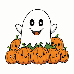 Cartoon vector illustration of a scary Halloween pumpkin jack-o'-lantern with a ghost for autumn October holiday decoration