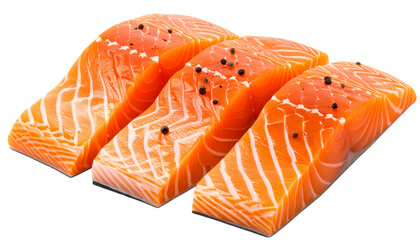 Three fresh raw salmon fillets with rich orange texture, neatly arranged, png