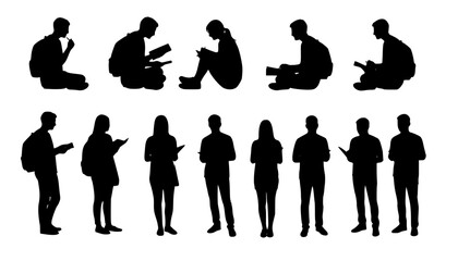 Obraz premium Silhouette group of students discussing while holding books vector silhouette 