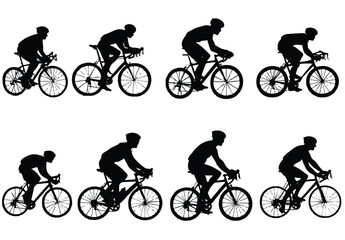 Silhouettes of cyclists riding bicycles in various positions on a white background representing teamwork and sports concept