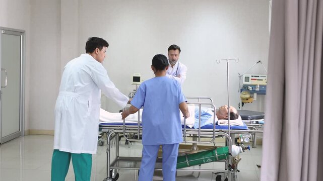 Hospital, healthcare, medical, doctor, nurse rush patient through corridor on emergency gurney, providing fast response and teamwork under pressure in critical situation, surgeon senior physician team