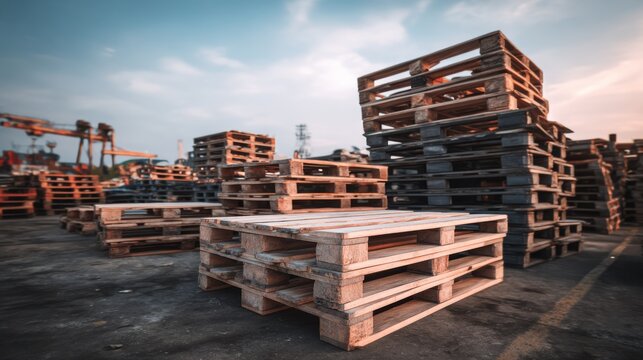 Stacked wooden pallets in an industrial yard during sunset with clear sky and distant machinery in background