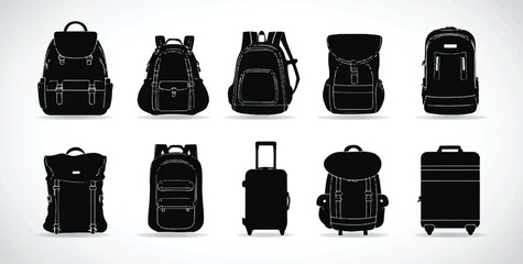Variety of Travel Bags and Suitcases in Black Silhouette Style Representing Different Types