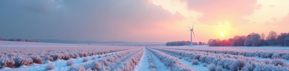 Frozen farm field, windmill silhouette, snowy hills , farm, countryside, snow covered
