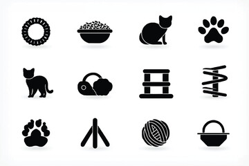 Vector Illustration of Black Silhouettes of Cat Items and Accessories on White Background