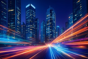 Obraz premium Cityscape at night with light trails from cars and skyscrapers in background