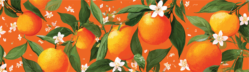 Vibrant orange illustration showcasing blossoming citrus fruit and lush foliage against bright background seamless pattern