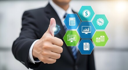 Businessman giving thumbs up with financial and business icons success finance