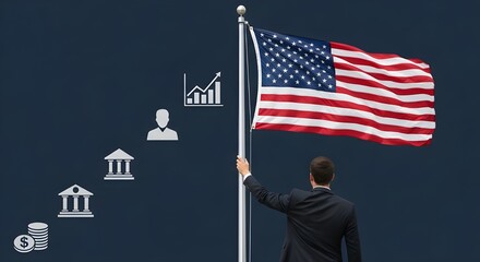 Businessman raising American flag with financial and government icons suit