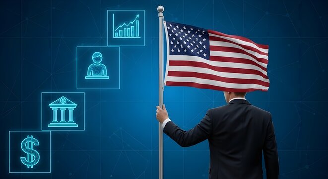 Businessman holding American flag with financial and business icons finance - Powered by Adobe