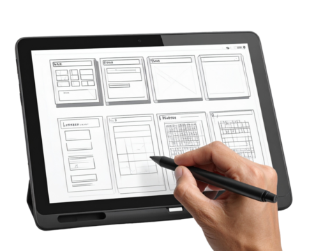 Tablet Wireframe Sketch with Stylus for UX/UI Design, isolated - Powered by Adobe