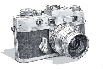 Vintage camera sketch with detailed lens and settings for art photography projects inspiration