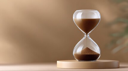 Elegant hourglass with sand on minimalist circular base with soft beige background