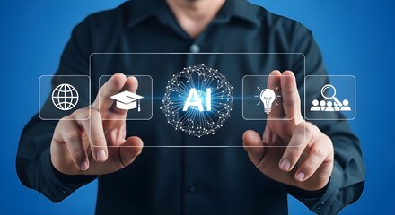 Person touching AI interface with global, education, and idea icons artificial intelligence