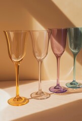 A row of colorful glasses with one being yellow
