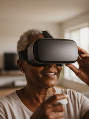Close-up of Black Senior Woman Immersed in VR Fitness