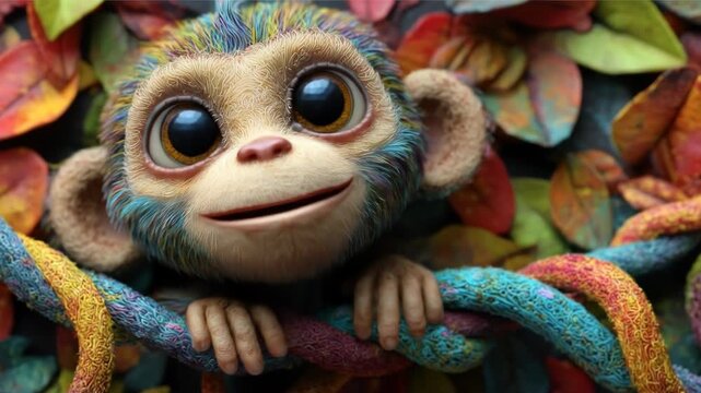 Cute, colorful monkey on a bright textured branch