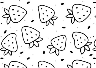 Simple black and white strawberry pattern design on a white background, repeating.