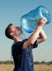 A man is drinking water from a large blue container