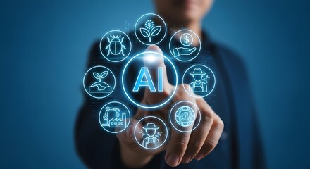 Person's finger interacting with AI technology circle for agriculture artificial intelligence