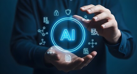 Person's hands holding AI concept with digital icons and circuits artificial intelligence