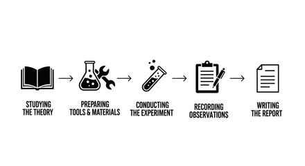 A step-by-step infographic of the scientific method, from studying theory to writing a report.