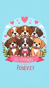 Cute cartoon puppies, sitting together, in a group, with a banner saying "We/Frends Forever?