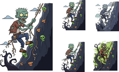 Creepy cartoon zombie climbing mountain with rope, spooky undead character illustration, horror adventure design, scary Halloween artwork, fantasy monster climbing rock