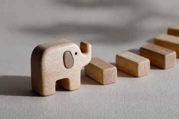 Wooden elephant and blocks on textured surface with soft shadows in minimalist design