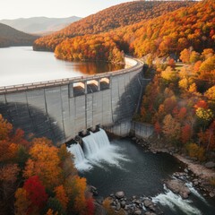 A large dam with a waterfall in the foreground