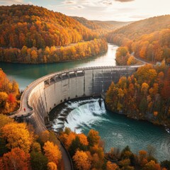 A beautiful view of a river with a waterfall and a bridge