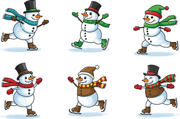 Cute cartoon snowmen ice skating in winter, happy snowman characters with hats and scarves, festive holiday snow illustration vector