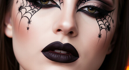 A close-up of Halloween makeup with spiderweb eyeliner and dark lipstick