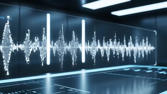 Digital Audio Sound Wave Visualization on Transparent Screen in Modern Data Center. Futuristic Interface Displaying Voice Recording or Music Playback. Abstract Sound Spectrum Analysis.