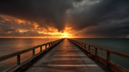 Obraz premium A wooden pier stretches into vast waters with silhouetted figures against a vibrant sunset,