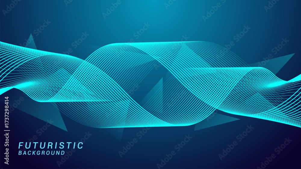 Wall mural abstract dynamic glowing line waves on a dark blue background. futuristic technology background desi