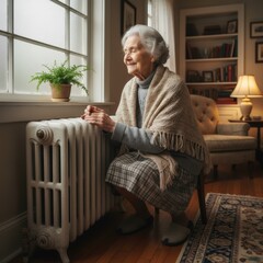 A woman in a sweater sits in front of a radiator