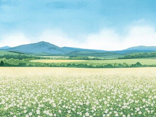 白いそばの花と秋の青空が広がる風景イラスト