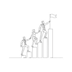 Continuous one line drawing of a business team helping each other climb a bar chart. Leadership and teamwork concept for success and growth.