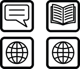 Collection of four black and white icons for communication education and global connection