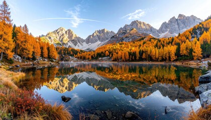 Autumn Landscape with Golden Trees and Mountain Reflection in Tranquil Lake
