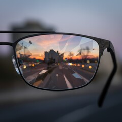 A pair of glasses with a blurry reflection of a city skyline in the background