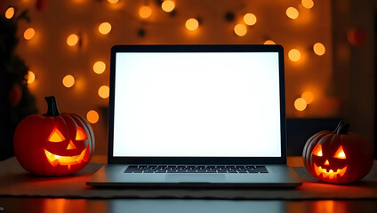 Mockup of blank white open laptop screen with glowing jack-o'-lanterns on desk, festive orange bokeh lights background - Halloween celebration, advertising, template, display, holiday shopping concept