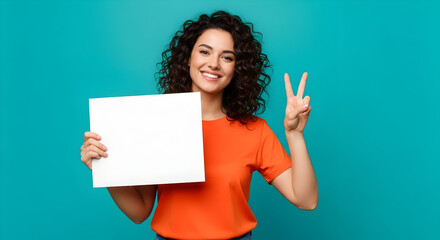 Smiling Woman Demonstrating Victory Isolated on Blue Backdrop A Young Woman Holding White Board Copy Space Mockup Smiling Woman With Curly Hair  Advertisement