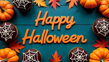 Flat lay of "Happy Halloween" greeting, isolated on dark teal background, surrounded by pumpkins, cupcakes, autumn leaves - halloween food, confectionary, festive celebration, holiday party concept