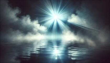 Abstract dark night background with light and smoke, water reflection
