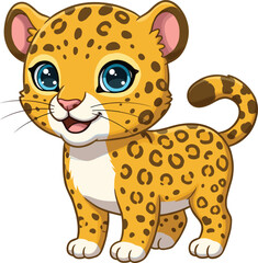 Cute baby leopard cartoon, adorable jungle animal illustration, wild cat cub vector, big eyes feline, isolated on white background