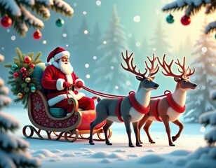 A cartoon image of Santa Claus pulling reindeer through the snow