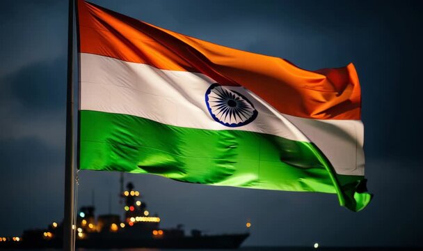 Indian Navy Day Celebration Tiranga Flag Waving Proudly with Naval Ship in Background on the Night