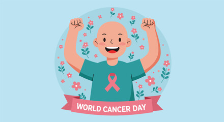 Cheerful bald person with arms raised celebrating World Cancer Day with pink ribbon.
